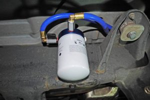 Dodge 2500 Coolant Filtration System - Sinister Diesel - CNC Machined Billet Aluminum Filter Block, Wix Filter - Blue - `03-`07